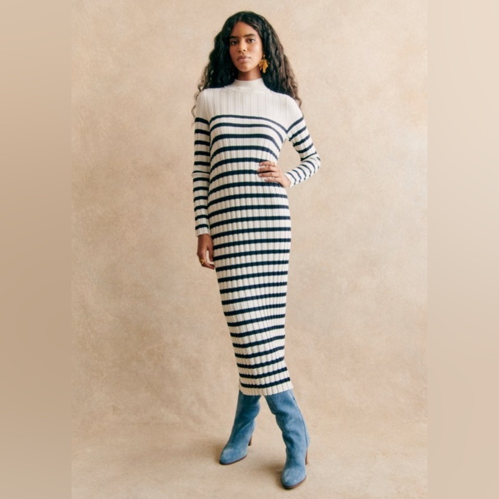 Sezane Striped Long Sleeve Ribbed Knit Midi Dress in White and Navy